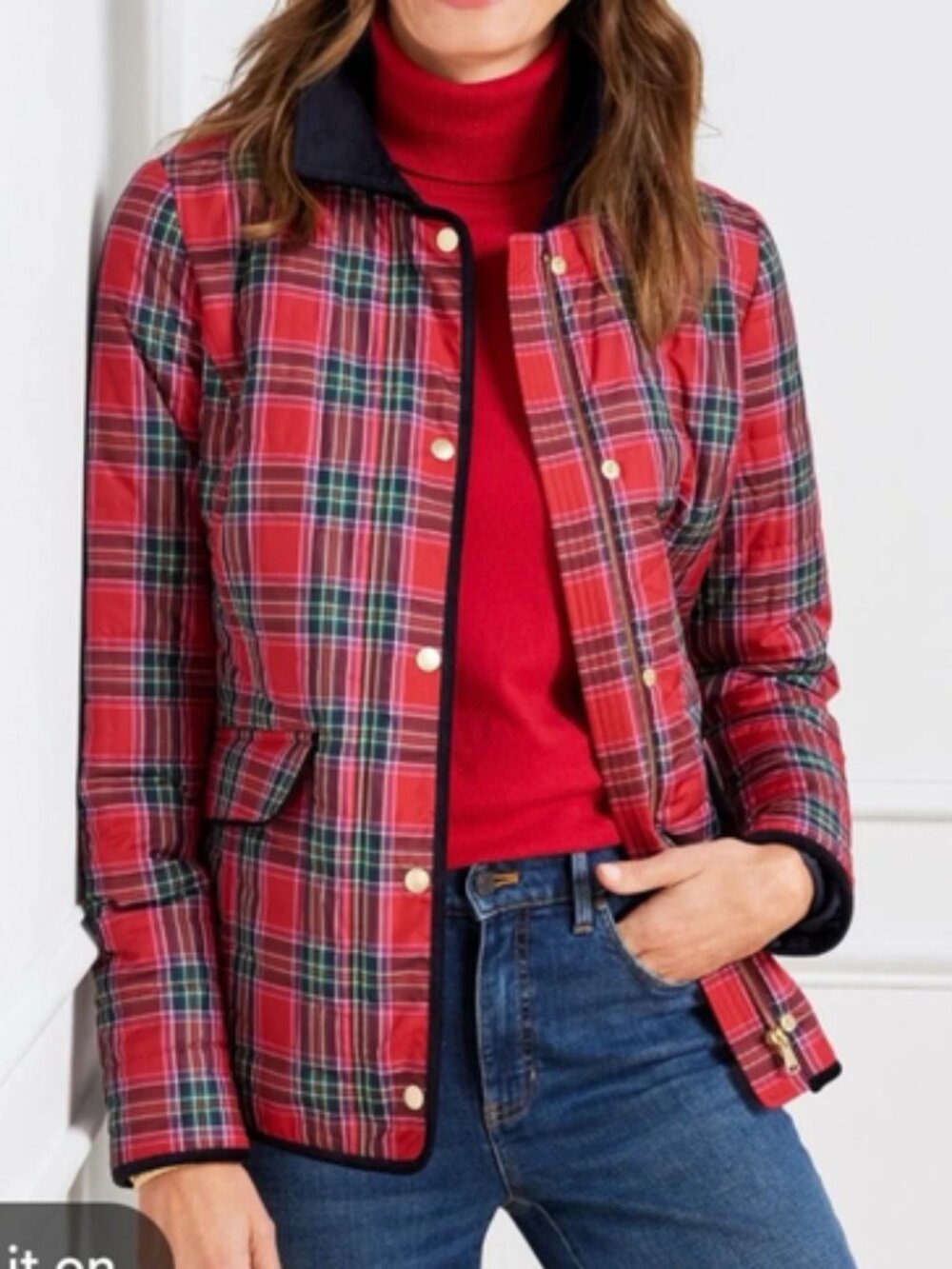 TALBOTS Red Tartan Plaid Quilted Barn Utility Jacket Coat Corduroy Collar Size L
